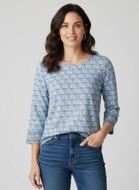 J. JILL WEAREVER GEO FLORAL BLUE WHITE TUNIC TOP BLOUSE WOMENS SZ MEDIUM
